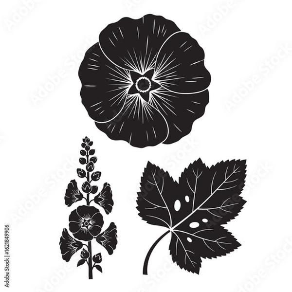 Obraz High-Impact Hollyhock Flower and Stalk Silhouette Set