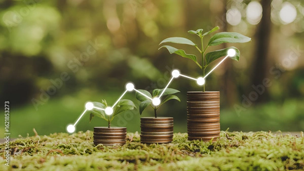 Fototapeta See your investments grow like these vibrant plants sprouting from stacks of coins showing a positive upward trend in a natural green environment