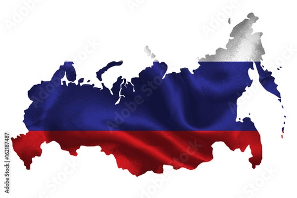 Fototapeta Map of Russia with national flag on fabric surface