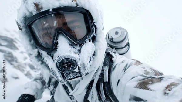 Fototapeta snowy alpine climb with visibility goggles and oxygen tanks