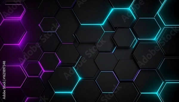 Obraz Sleek black background with subtle hexagonal patterns, glowing tech elements in cyan