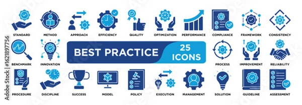 Fototapeta best practice icon collection set. Containing standard,method,approach,efficiency,quality,optimization,performance,compliance,framework,process icon. simple line vector.