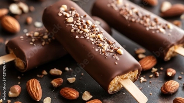 Fototapeta Chocolate-covered almond ice pops on a dark surface
