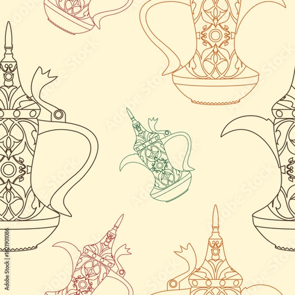Fototapeta Editable Outline Patterned Arabian Dallah Coffee Pots Vector Illustration Seamless Pattern for Creating Background of Middle Eastern Culture Tradition Cafe and Islamic Moments Related Design