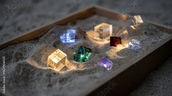 Fototapeta Colorful cubic crystals nestled in a bed of sand.