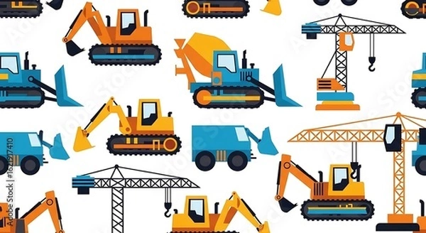 Fototapeta Seamless Pattern Featuring Colorful Construction Vehicles Ideal for Children's Themes