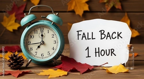 Obraz A blue alarm clock next to a handwritten note saying fall back 1 hour, surrounded by colorful autumn leaves, signaling the end of daylight saving time