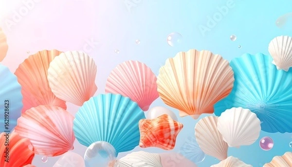 Fototapeta Vibrant summer background with a beautiful assortment of colorful seashells, starfish, and pearls. Fantasy ocean concept.
