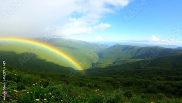 Fototapeta A landscape view of rolling green hills with a rainbow and a blue sky with scattered clouds above