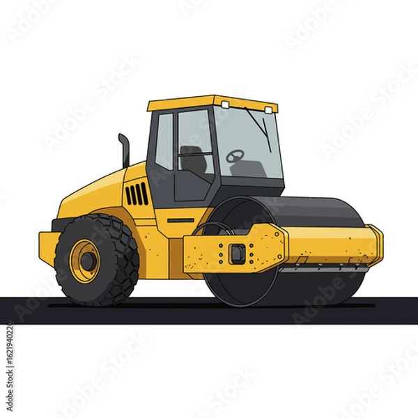 Obraz A vibrant illustration of a yellow road roller, meticulously depicted with bold outlines and shadows, poised on a dark surface, perfect for construction-themed designs.