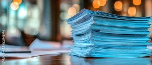 Fototapeta Stack of papers on desk representing heavy workload and organized paperwork in Close-up a large