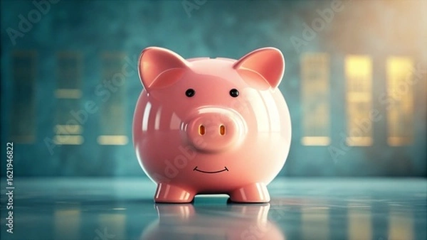 Fototapeta Piggy Bank Background Concept Piggy bank on a reflective surface, symbolizing savings and financial management.