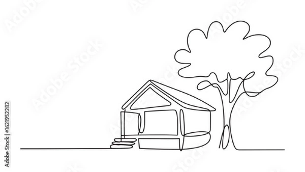 Fototapeta Continuous Line Drawing of a House and Tree Simple Outline Architecture Nature