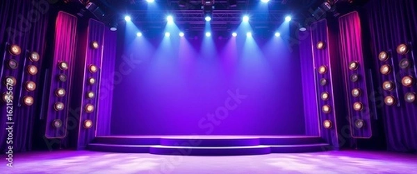 Fototapeta Empty purple stage, bright spotlights, game show setting, game show,  atmosphere
