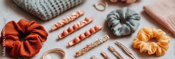 Fototapeta Stylish Flatlay Showcasing Hair Clips and Scrunchies Arranged Neatly on a Soft Neutral Surface With an Open Top Margin