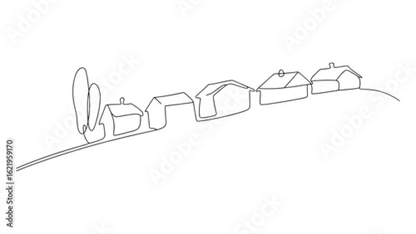 Fototapeta Continuous Line Drawing of Village Houses on a Hillside Vector Illustration for Architecture