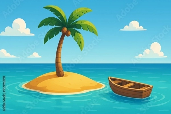 Obraz Flat illustration of a small tropical island with a palm tree and coconuts, surrounded by blue ocean water and a wooden boat under a clear sky with scattered clouds.Tropical Island with Palm Tree,boat