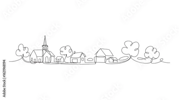 Fototapeta Continuous Line Drawing of a Rural Landscape with Houses, Trees, and a Church Silhouette