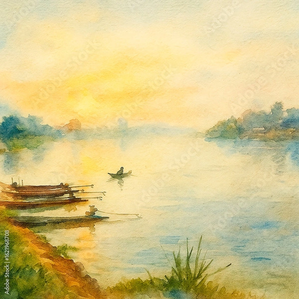 Obraz Tranquil Morning on the Riverside with Longtail Boats – Watercolor Style. Thailand