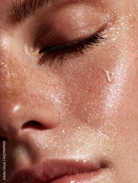 Fototapeta Detail of Cheek Showcasing Hydration Serum Droplets With Light Sparkles on Skin and a Softly Faded Background