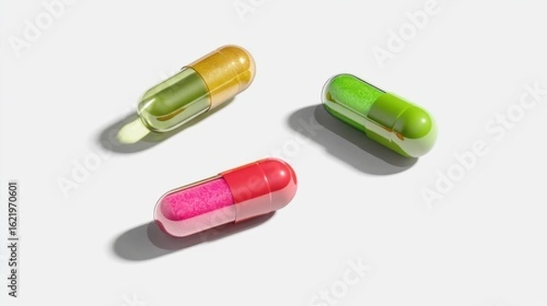 Fototapeta Three glossy capsule-shaped tablets with translucent shells in red, golden, and green colors lie on a white surface,