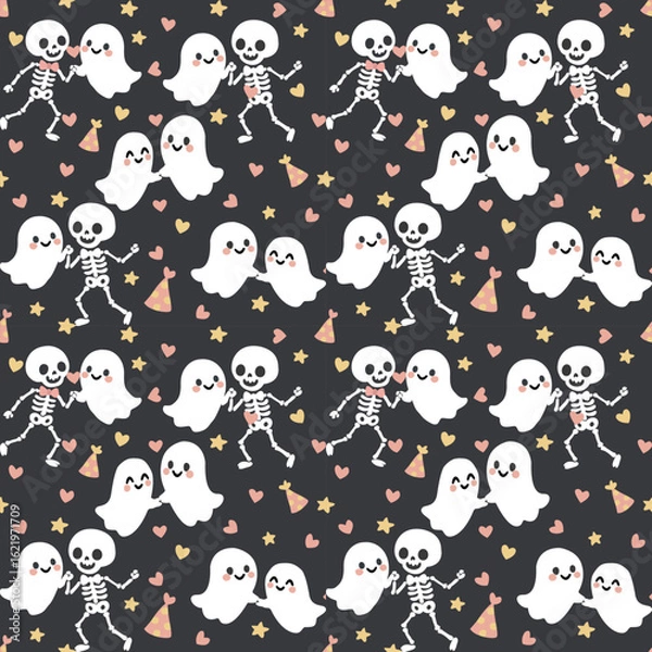Obraz Cute Halloween-themed seamless repeat of skeletons and ghosts