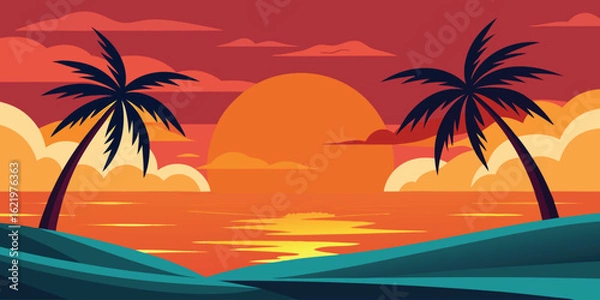 Fototapeta A tropical beach with palm trees silhouetted against a vibrant sunset over the ocean landscape scenery