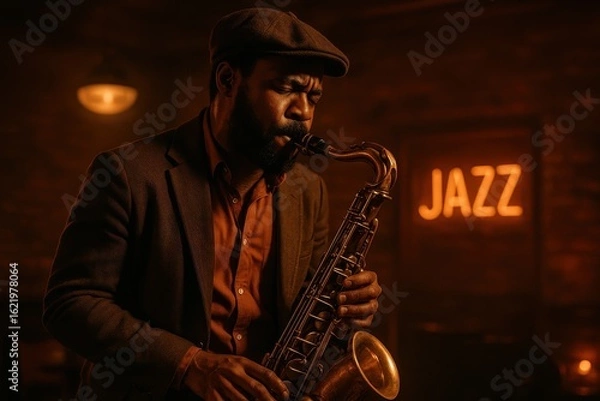 Obraz Soulful jazz musician performing improvisational blues on vintage saxophone in atmospheric nightclub setting