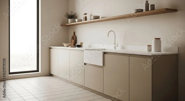 Fototapeta Champagne beige kitchen wall with white quartz surface, oak shelf, and daylight-lit Japandi compact design interior for editorial visual style