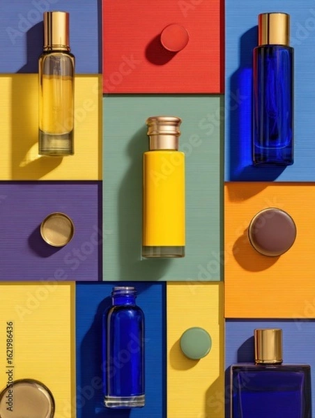 Fototapeta Geometric Arrangement of Bold Cosmetic Bottles on a Colorful Background With a Clean Upper Section