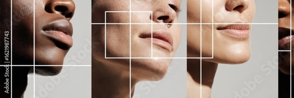 Fototapeta Exploration of Facial Zones With Minimal Background and Clean Grid Design Showcasing Diverse Features and Textures