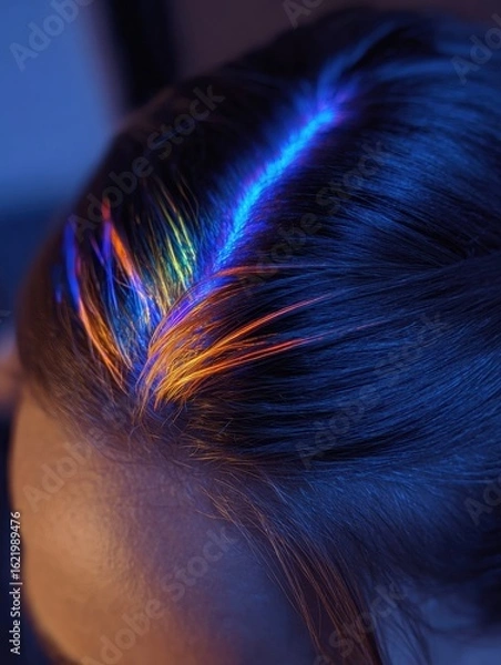 Fototapeta High-frequency Comb Creating Vibrant Neon Tones on a Hairline in a Clean Right Layout During a Creative Hair Styling Session