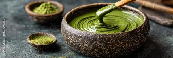Fototapeta Stirring a Green Tea Facial Mask in a Textured Ceramic Bowl in a Serene Setting
