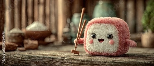 Fototapeta Cute, fuzzy food character with chopsticks
