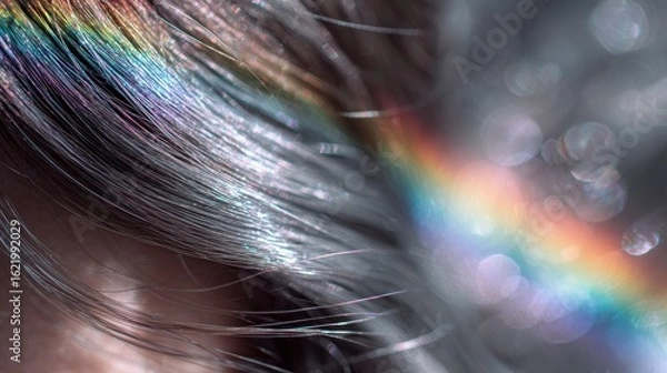 Fototapeta Glossy Hair Reflects Rainbow Light With Soft Bokeh Background for Enhanced Visual Appeal in a Serene Environment
