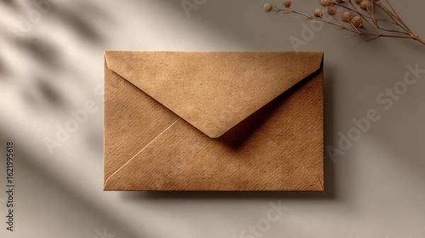Fototapeta A closed brown paper envelope with neatly folded flap rests on a flat surface,