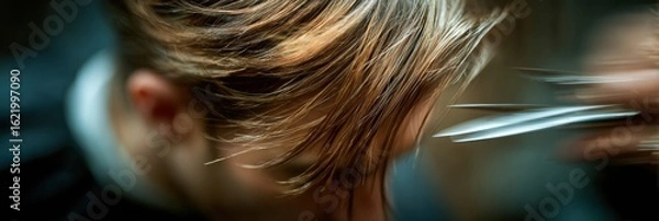 Fototapeta Haircut in Progress With Scissors Poised Mid-Air in a Busy Salon Setting Showcasing Hair Transformation Moment
