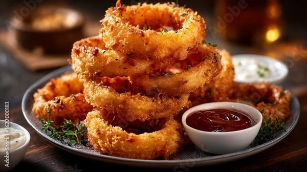 Fototapeta Onion rings stack on plate with dipping sauce. Delicious crispy fried rings ready to eat, use for food blog, menu, marketing.