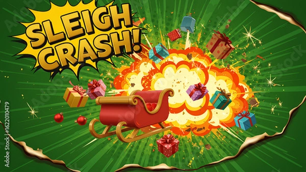 Fototapeta Sleigh Crash Explosion with Flying Christmas Gifts and Torn Vintage Background