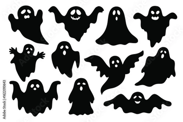 Fototapeta Funny Ghost silhouettes set isolated flat vector illustration on white background.