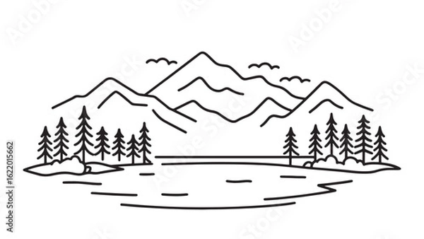 Fototapeta Tranquil lake encircled by vibrant trees and towering mountains, reflecting the natural beauty of the landscape line art flat vector illustration