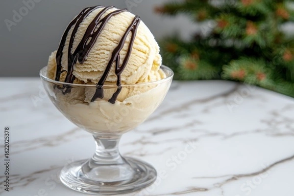 Fototapeta Vanilla ice cream sundae with chocolate sauce drizzle.