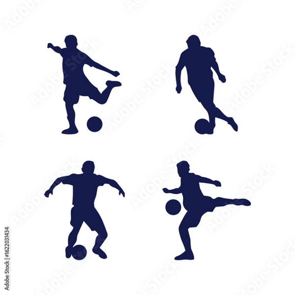 Fototapeta Four dark blue silhouette figures of soccer players in various action poses, kicking and controlling a soccer ball.