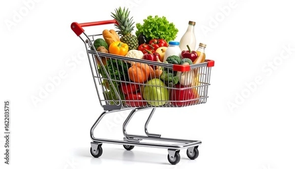 Fototapeta Grocery shopping cart full of fresh produce and dairy products