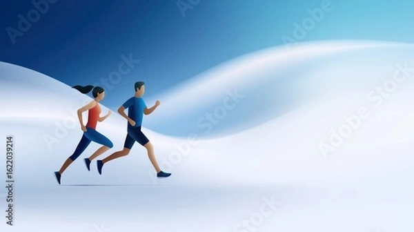 Obraz Modern flat illustration of a man and woman running side by side on an open road with motion lines, vivid colors, blue gradient background, and space for text, ideal for fitness content.
