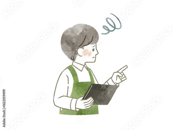 Fototapeta 困った表情で人差し指を指しているエプロンを着用した男性-水彩