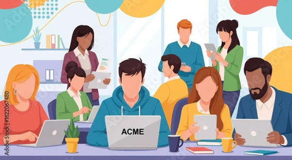 Fototapeta Diverse team of coworkers collaborating on laptops and tablets in a modern office setting. Perfect for website banners, presentations, or marketing materials.