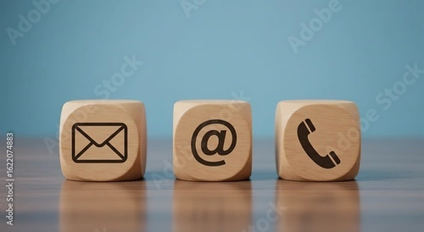 Fototapeta Contact Information Icons on Wooden Blocks Representing Email Address and Telephone Number for Business Communication Needs