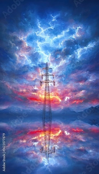 Fototapeta Dramatic sky with a power pole reflection