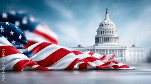 Fototapeta The US Capitol building behind a waving American flag showcasing national pride, democracy, and federal architecture in Washington DC, Generative AI